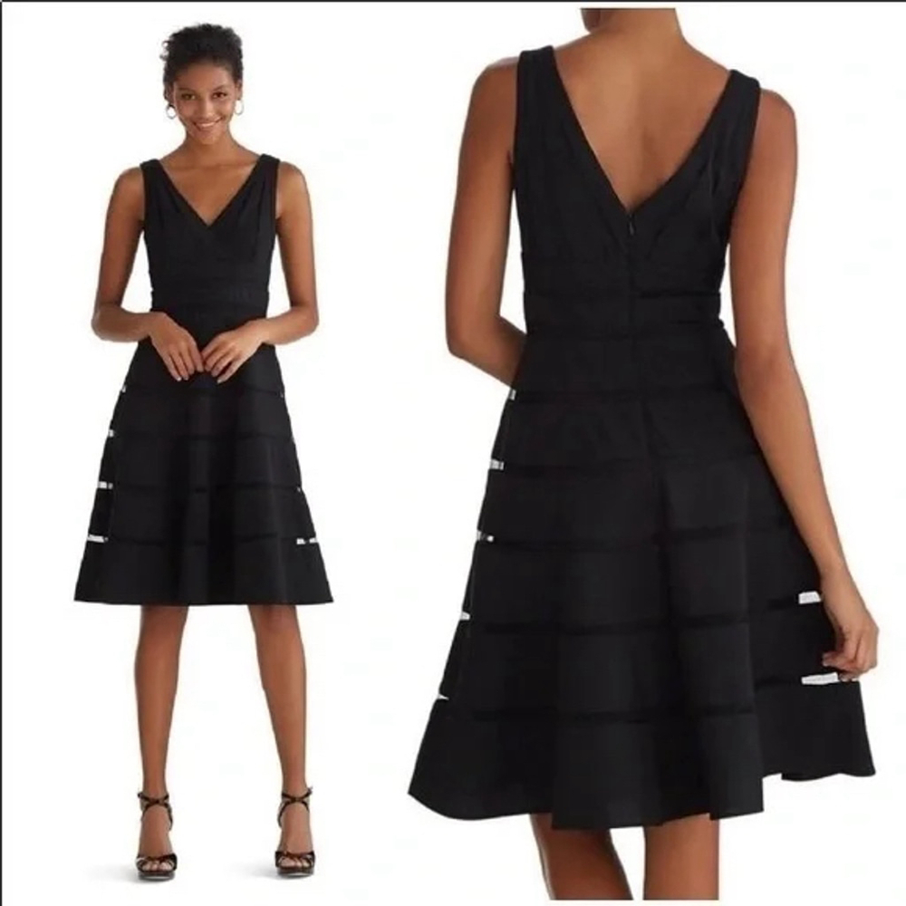 Stunning White House Black Market Shadow Stripe Dress Size 4 Black w Mesh Party